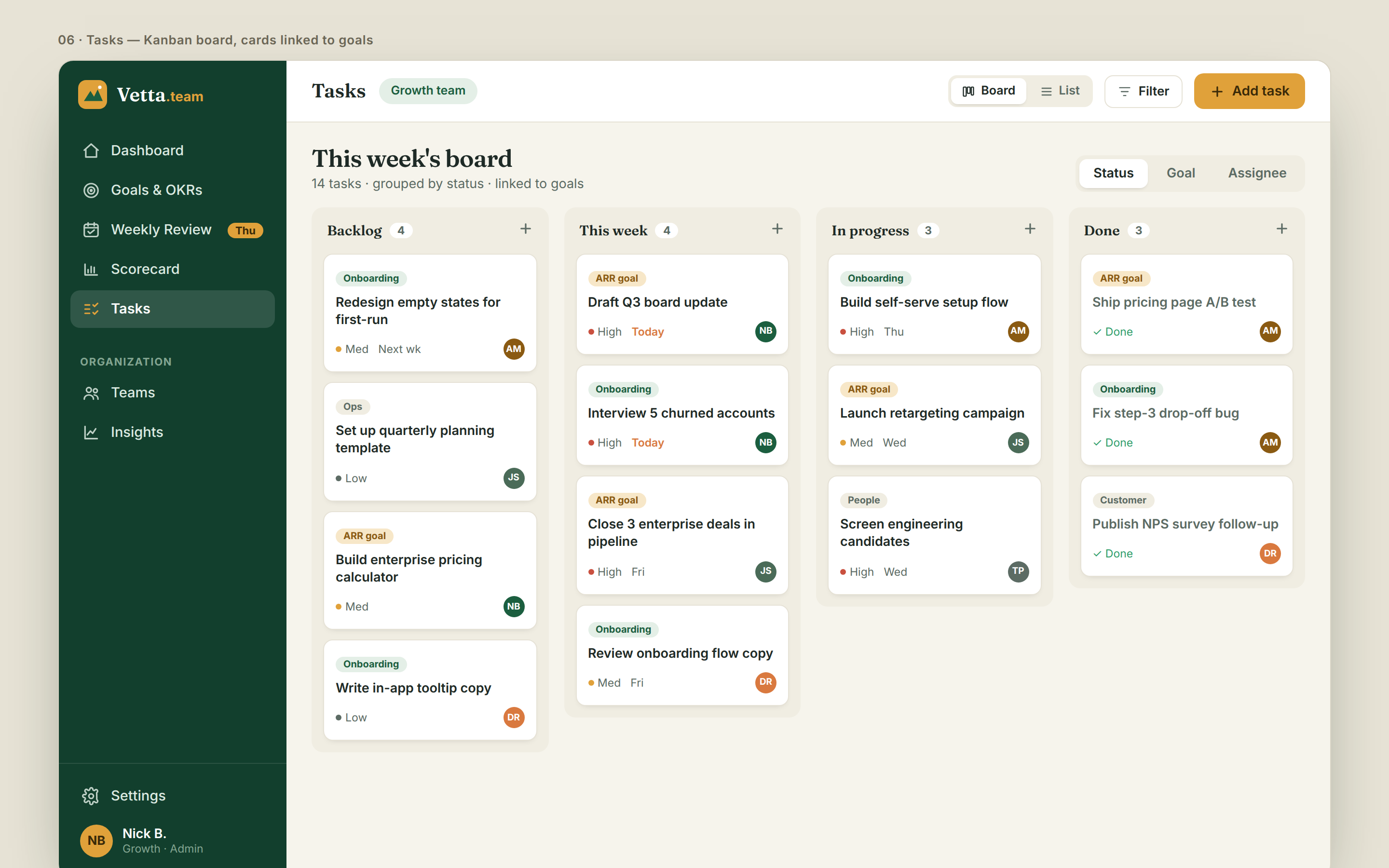 Vetta tasks board — kanban with tasks linked to quarterly goals